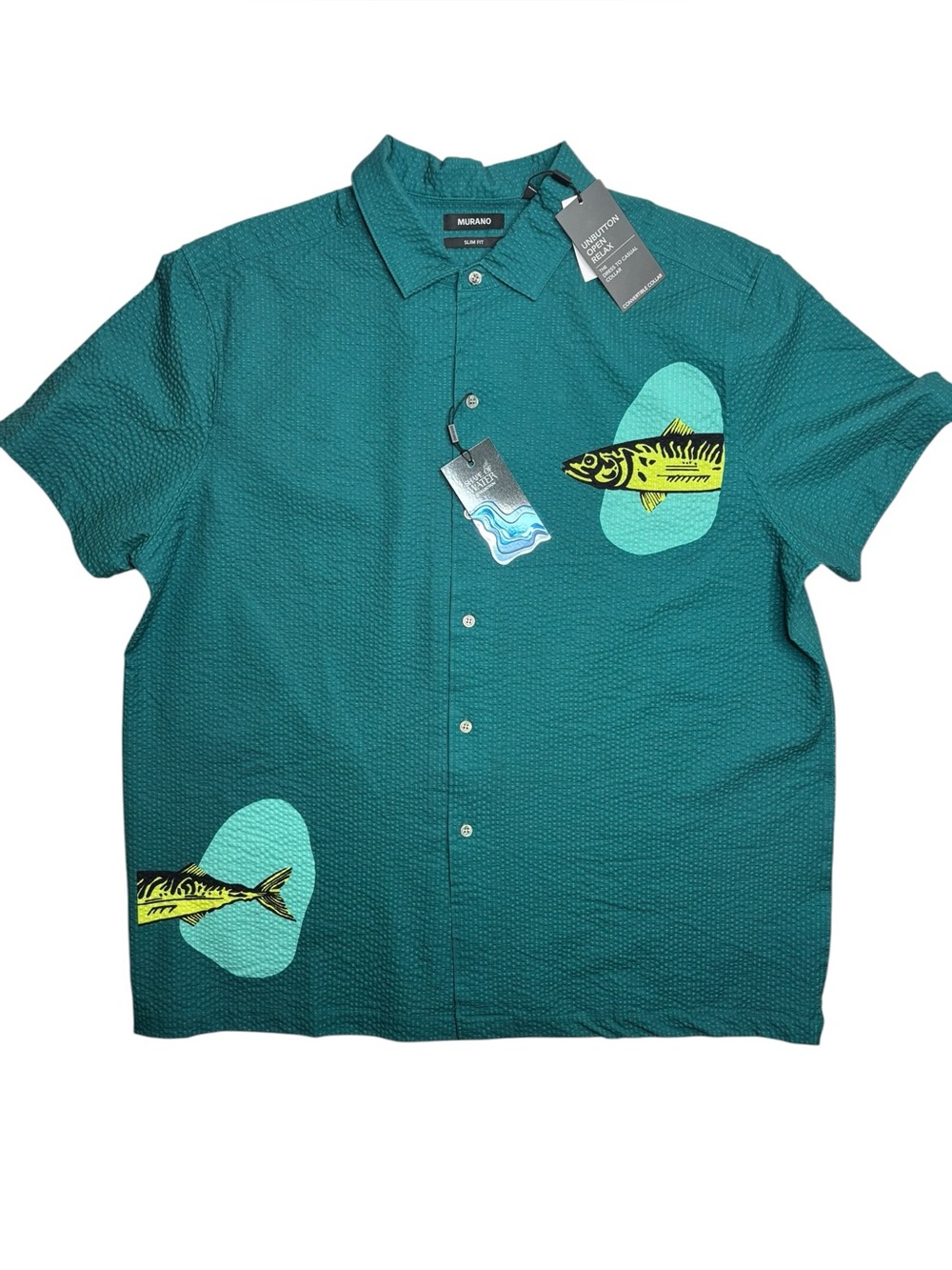 New Murano Shape of Water Slim Fit Fish Print Seersucker Button up Shirt XXL